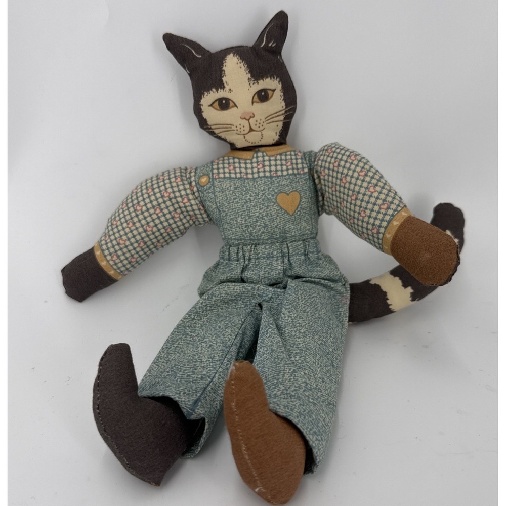 Vintage Cottagecore Handmade Fabric Doll  "Country Fabric Boy Cat" In Overalls